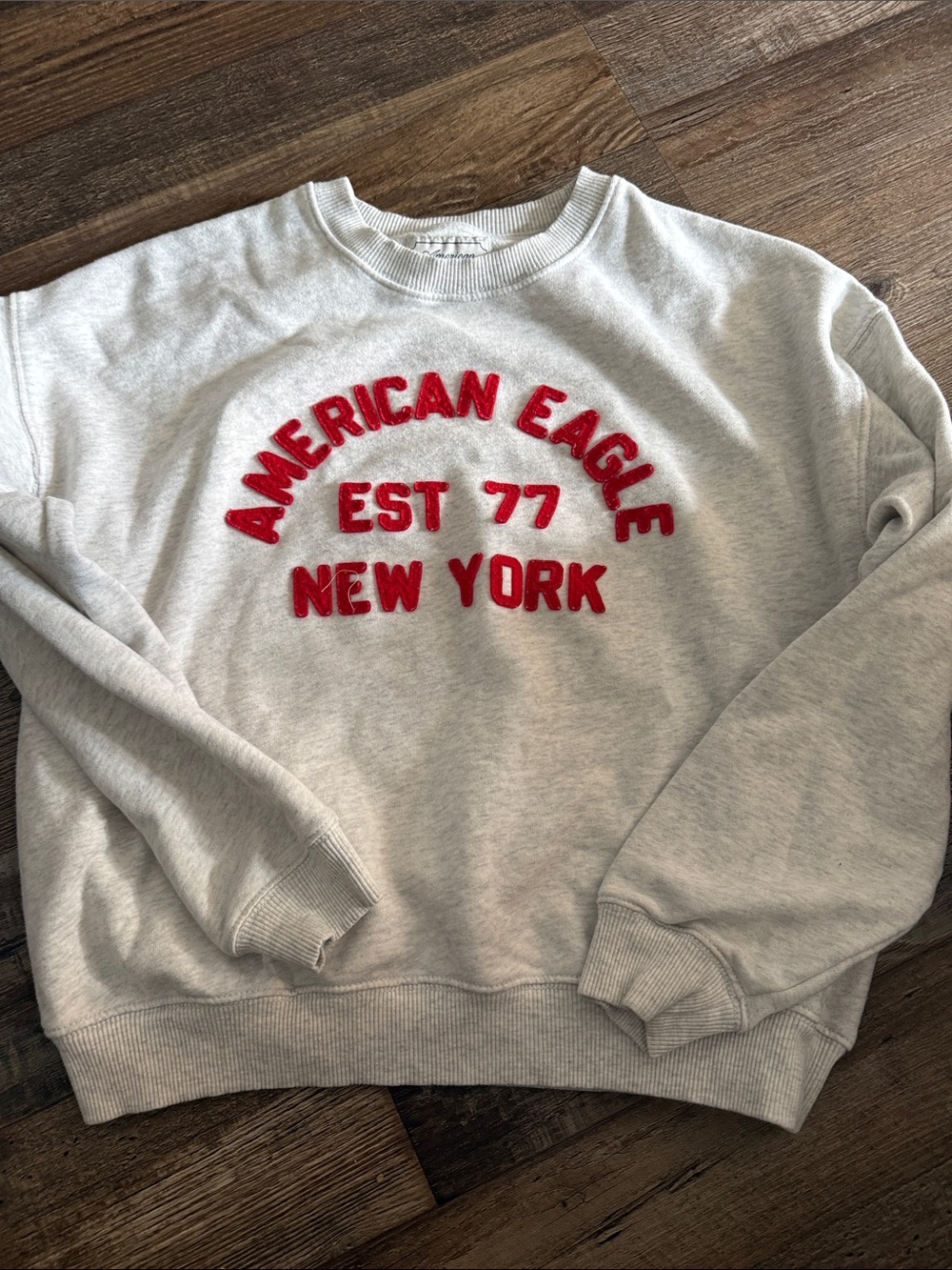 American Eagle Outfitters Light Gray Crewneck Sweatshirt with Red Appliqué